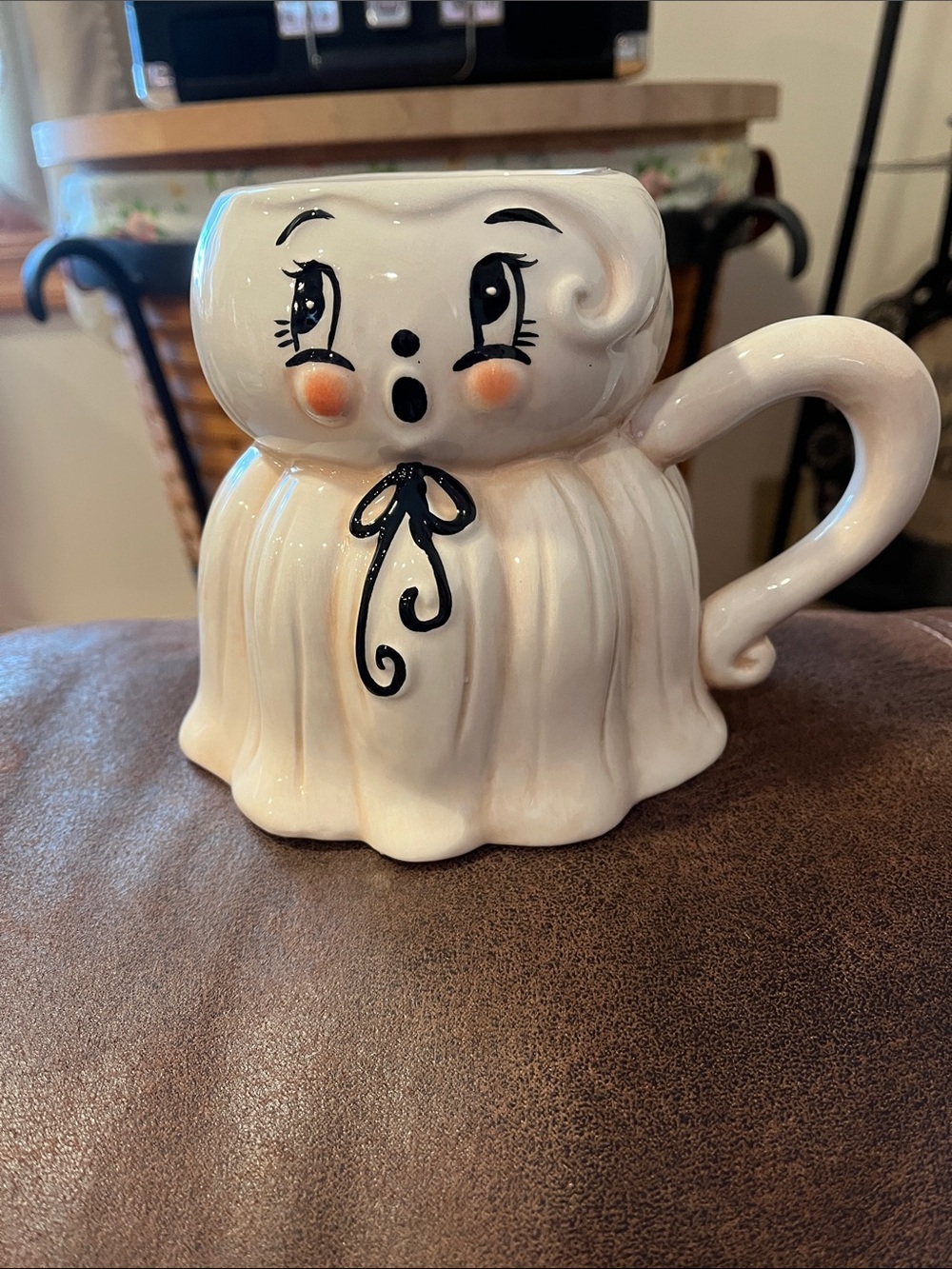 White Ceramic Ghost Face Mug with Hand-Painted Accents